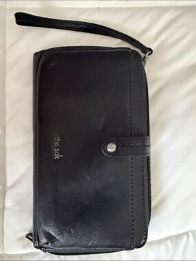 The Sak Black Leather Wristlet Wallet with Snap & Zip